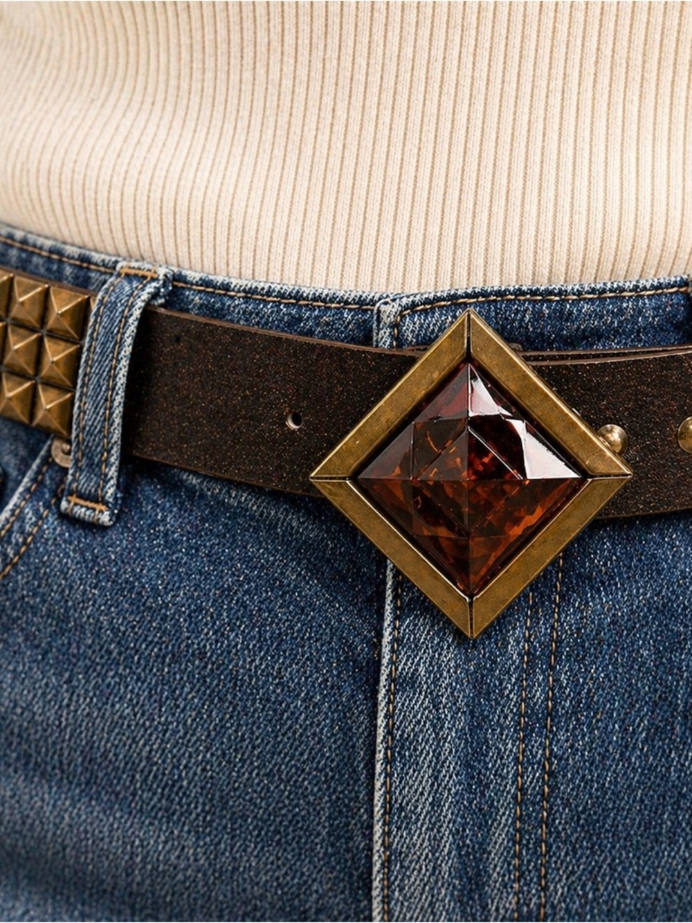 French Craft Leather Co Studded Belt Brown Small Brass Buckle Amber Stone